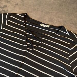 Cato Ribbed Striped Top Womens 26/28W Black White Lattice Neck Short Sleeve